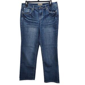 Earl Jean Petites Dark Wash Heavy Sandblasted Embellished Straight Leg Jeans 10P